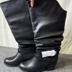 Journee Collection Black Faux Leather Slouch Knee-High Boots Size 9 | Block Heel